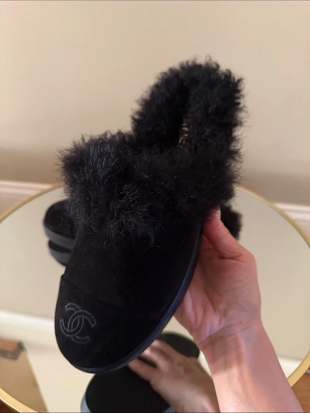 Chanel Black Suede Real Fur Shearling Clogs Mules Sz 40